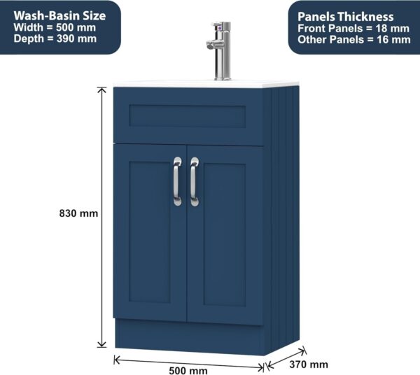 500mm blue vanity unit with labeled dimensions: 830mm height, 500mm width, 370mm depth.