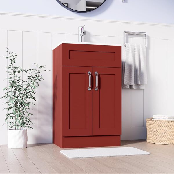 Full view of 500mm red vanity unit with chrome tap, white basin, and clean bathroom setting.