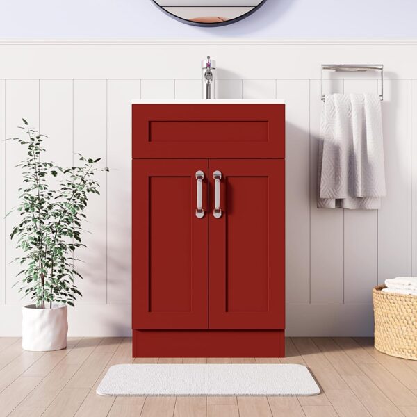 500mm Red vanity unit with a white basin and chrome tap in a stylish bathroom setting.
