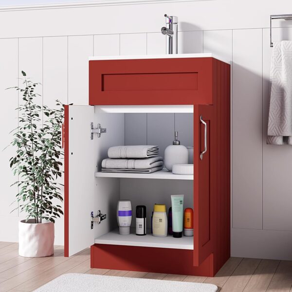 500mm red vanity unit with open storage, displaying towels and toiletries.