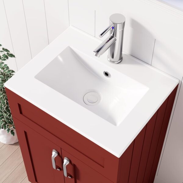 Top view of 500mm red vanity unit featuring a white basin and chrome tap.