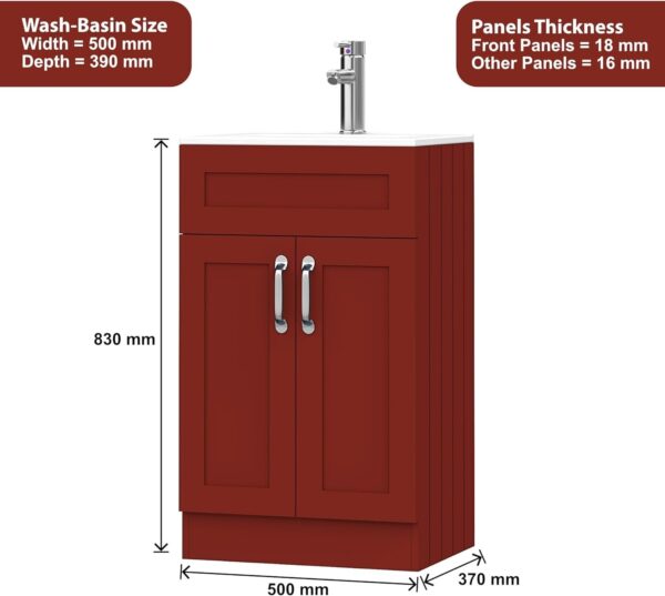 500mm red vanity unit with labeled dimensions: 830mm height, 500mm width, 370mm depth.