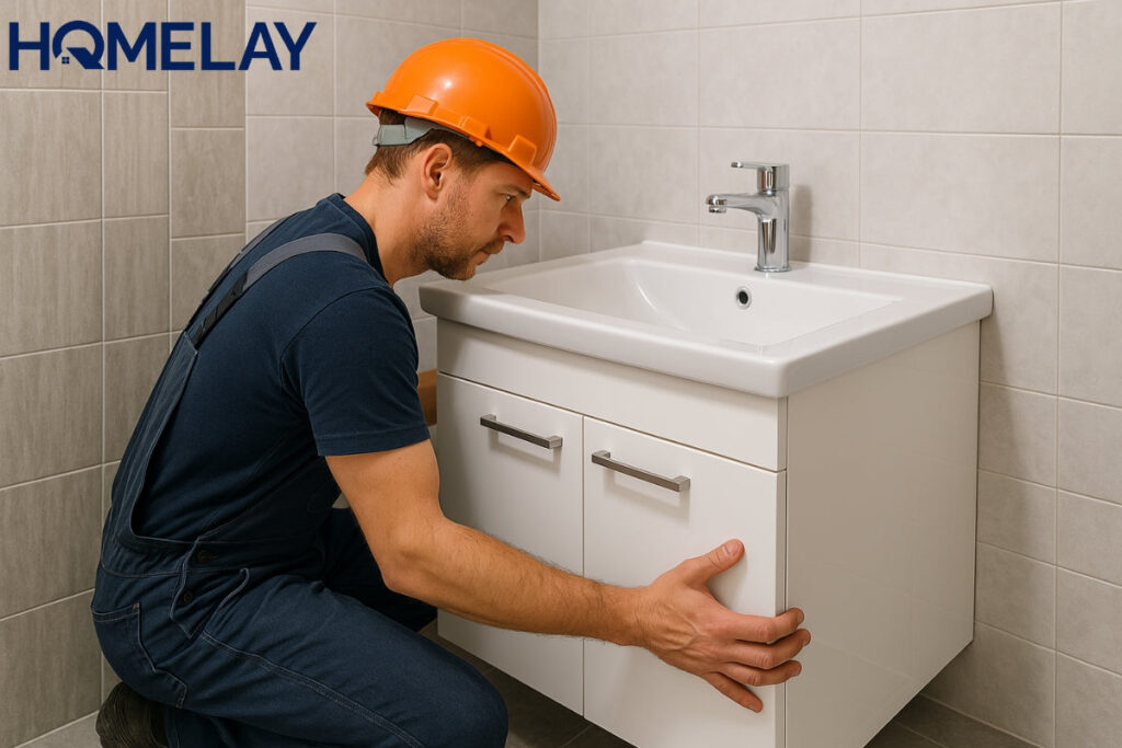 a man wearing a saftey helmet installing a vanity unit