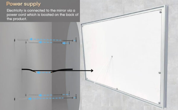 Clara 50x70cm LED bathroom mirror showing back panel wiring and wall installation method.
