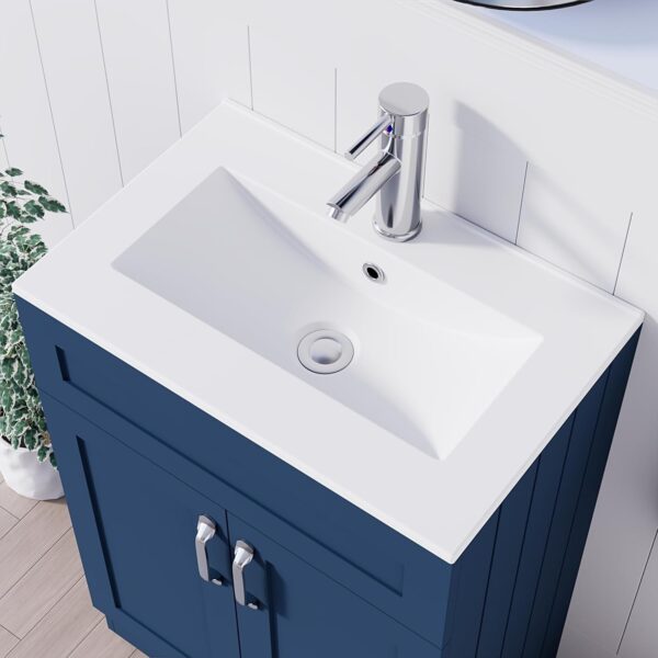 Top view of the Crawley Blue 600mm vanity unit, featuring a white basin and chrome tap.