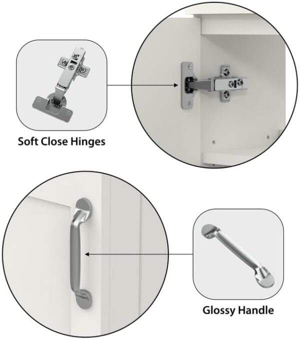Highlighted features of the Crawley White 400mm Vanity Unit, including soft-close hinges and glossy chrome handles for added elegance.