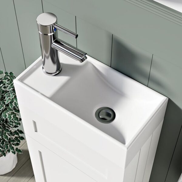 Close-up view of the Crawley White 400mm Vanity Unit with a ceramic basin and sleek chrome tap, perfect for modern bathrooms.