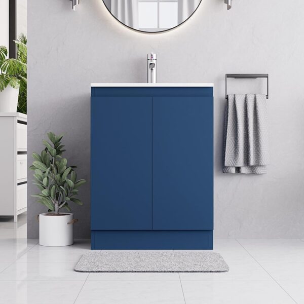 Denver Blue 600mm vanity unit with a white basin, chrome tap, and stylish design in a modern bathroom.