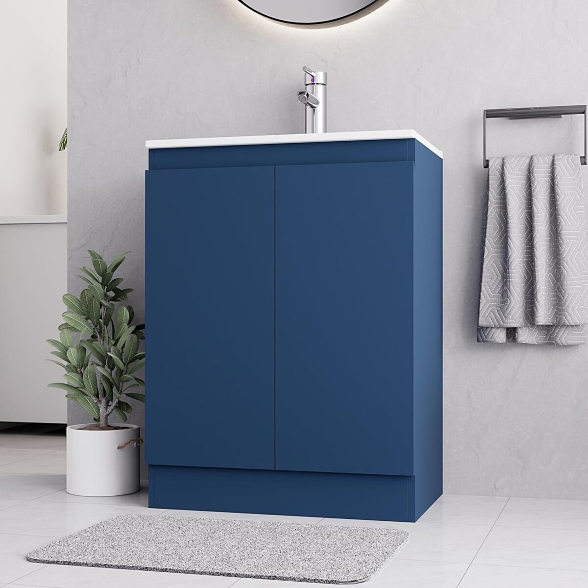 Side view of Denver Blue 600mm vanity unit with chrome tap and a modern sleek design.