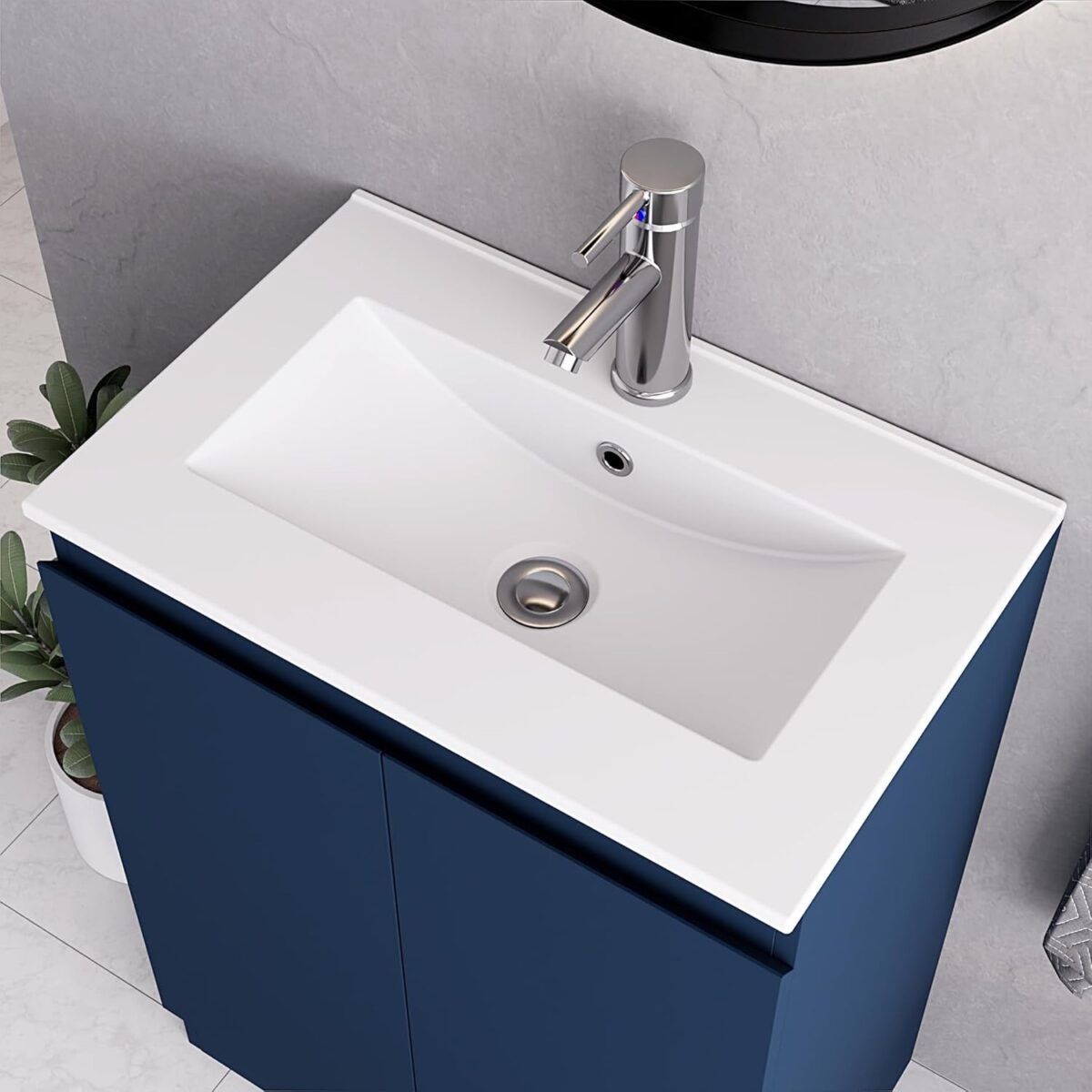 Top view of the Denver Blue 600mm vanity unit, featuring a white basin and chrome tap.