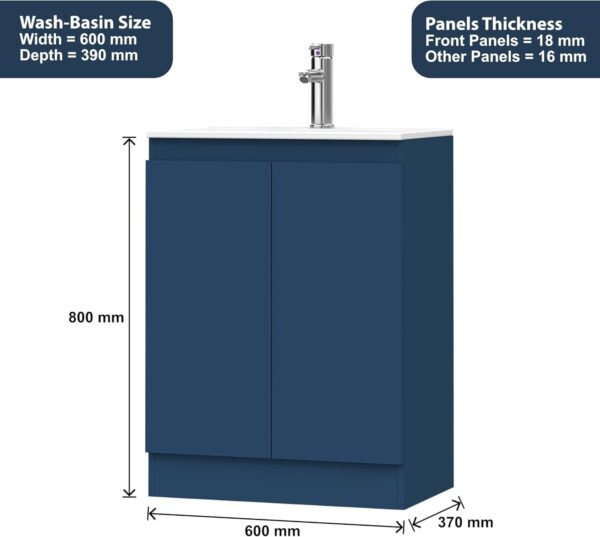 Denver Blue 600mm vanity unit with labeled dimensions: 800mm height, 500mm width, 370mm depth.