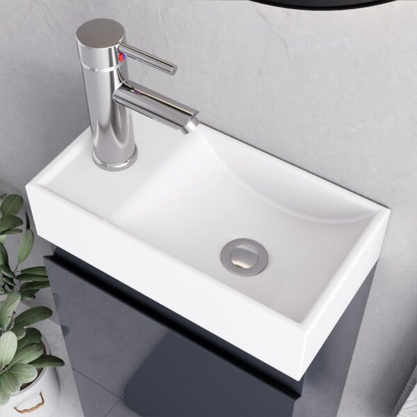 Close-up top view of the Denver Grey 400mm Vanity Unit’s ceramic basin with a sleek chrome tap, perfect for compact and modern bathrooms.