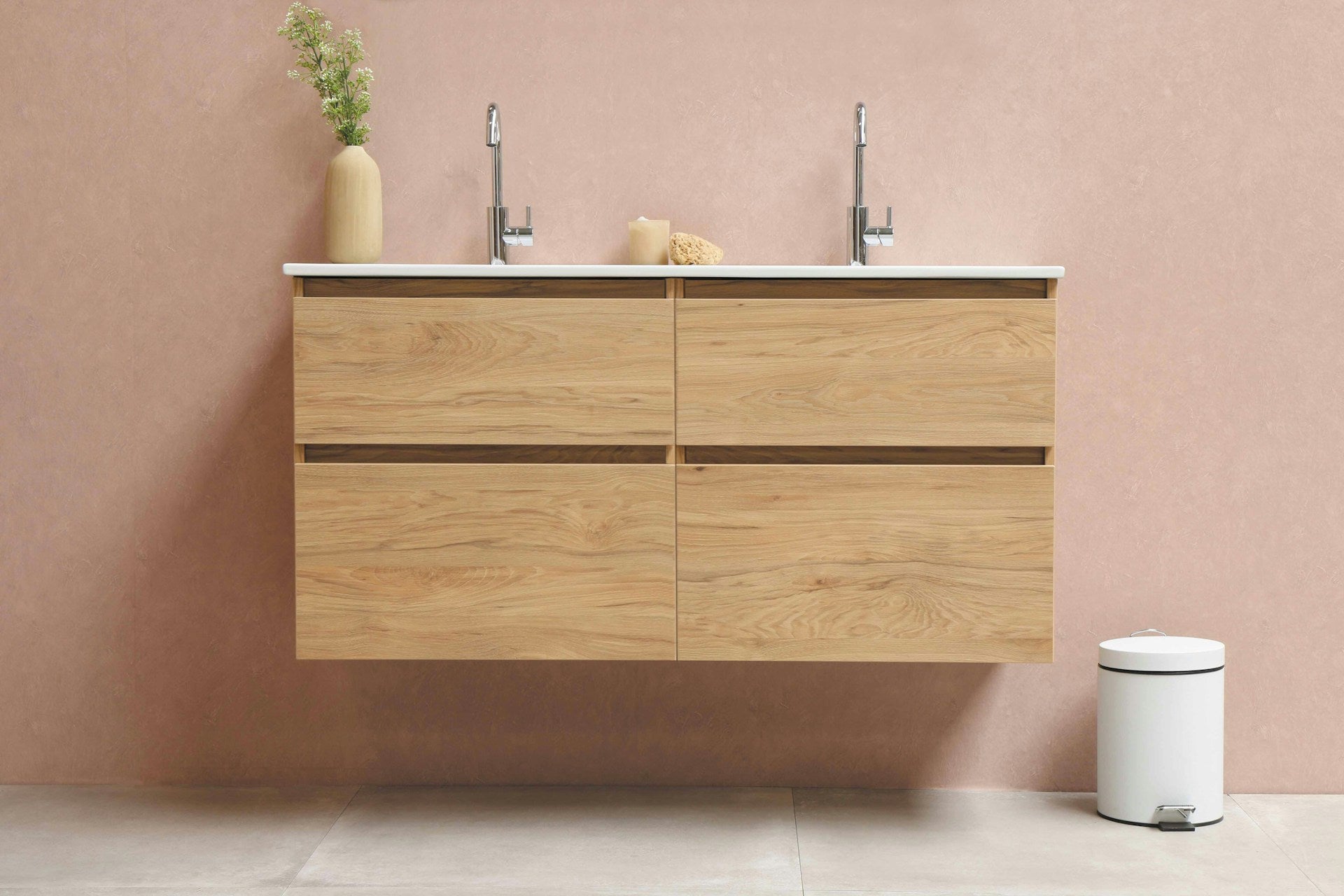 double sink vanity unit in wood grain
