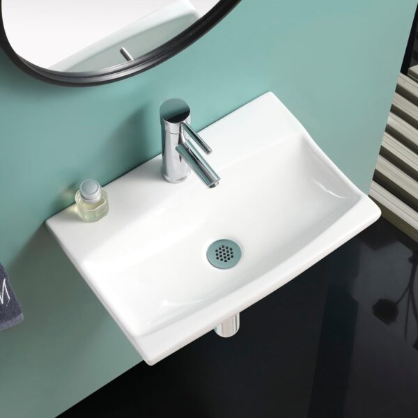 Gloss white wall-mounted cloakroom basin with modern design, ideal for compact bathrooms and vanities.